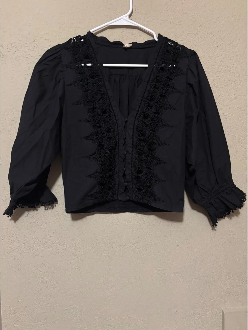 Free People Black Lace Trim Button Front Blouse Top Size S/P